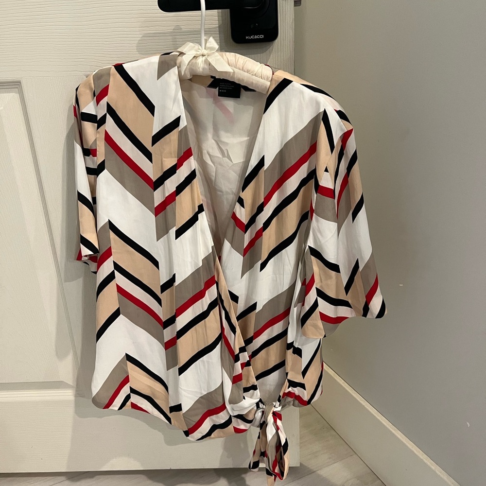 Armani exchange geometric tan red crisscross blouse